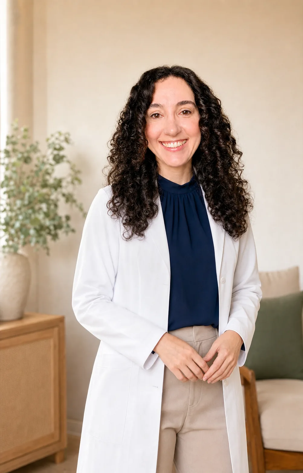 Retrato de Natália Arroyo, fisioterapeuta especialista em reabilitação gerontológica, de jaleco branco em ambiente domiciliar