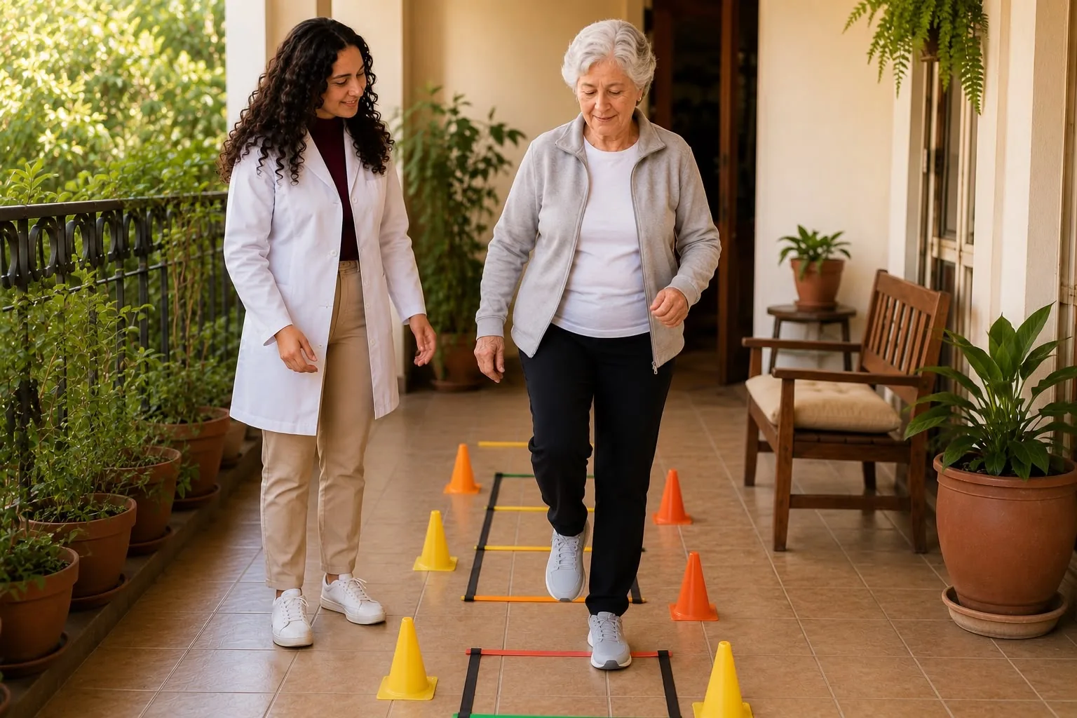 Treino de agilidade e equilíbrio com escada de coordenação e cones, acompanhado pela fisioterapeuta